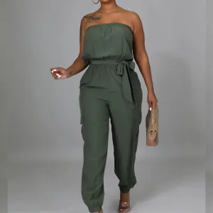 Solid Off Shoulder Belted Jumpsuit