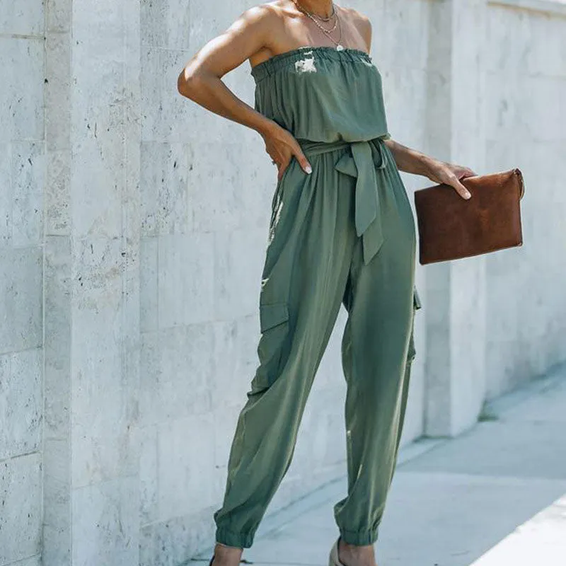 Solid Off Shoulder Belted Jumpsuit