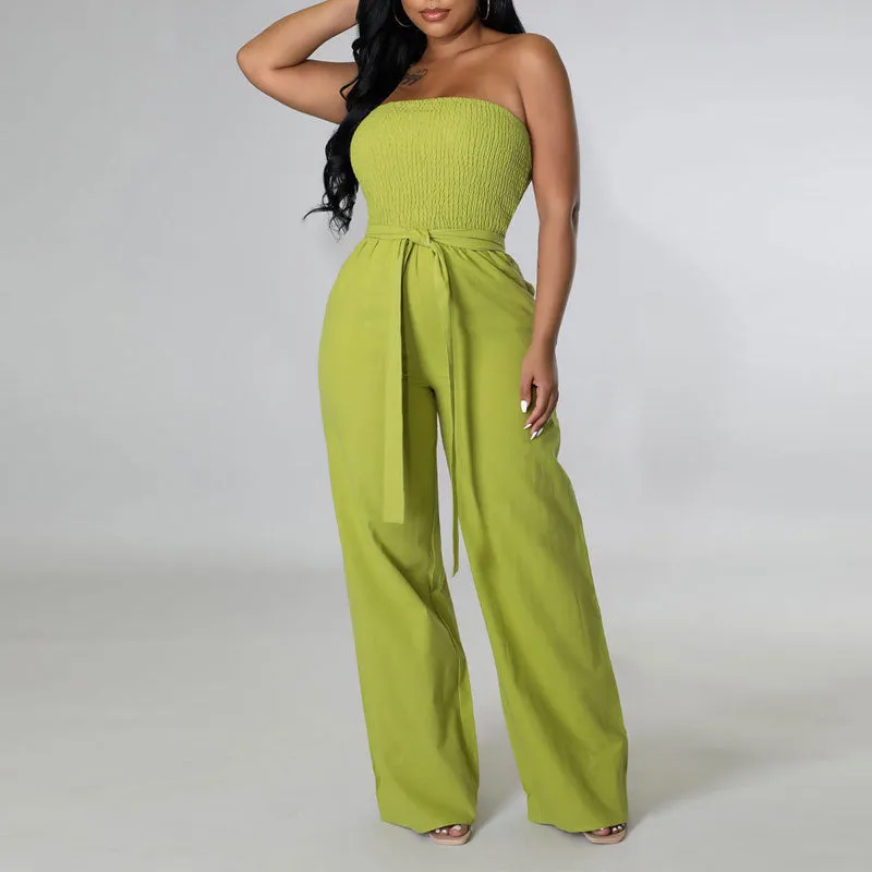 Solid Off Shoulder Belted Wide Leg Jumpsuit