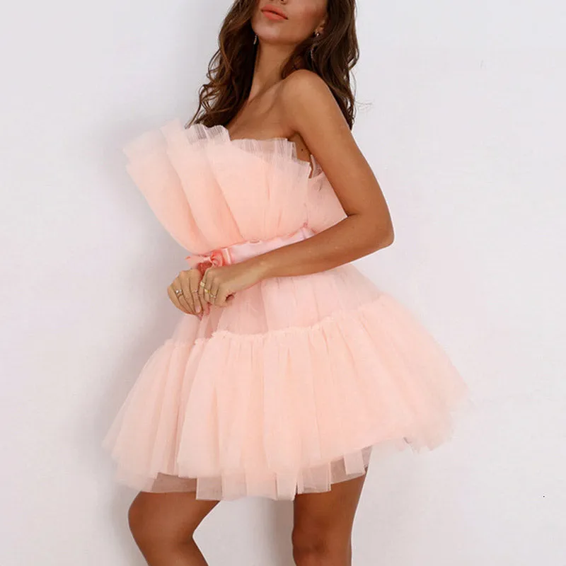 Solid Off Shoulder Candy Mesh Party Dress