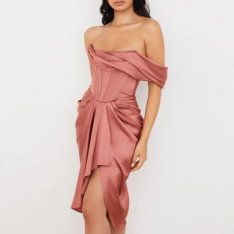Solid Off Shoulder Corset Design Mini Dress