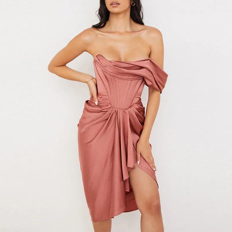 Solid Off Shoulder Corset Design Mini Dress