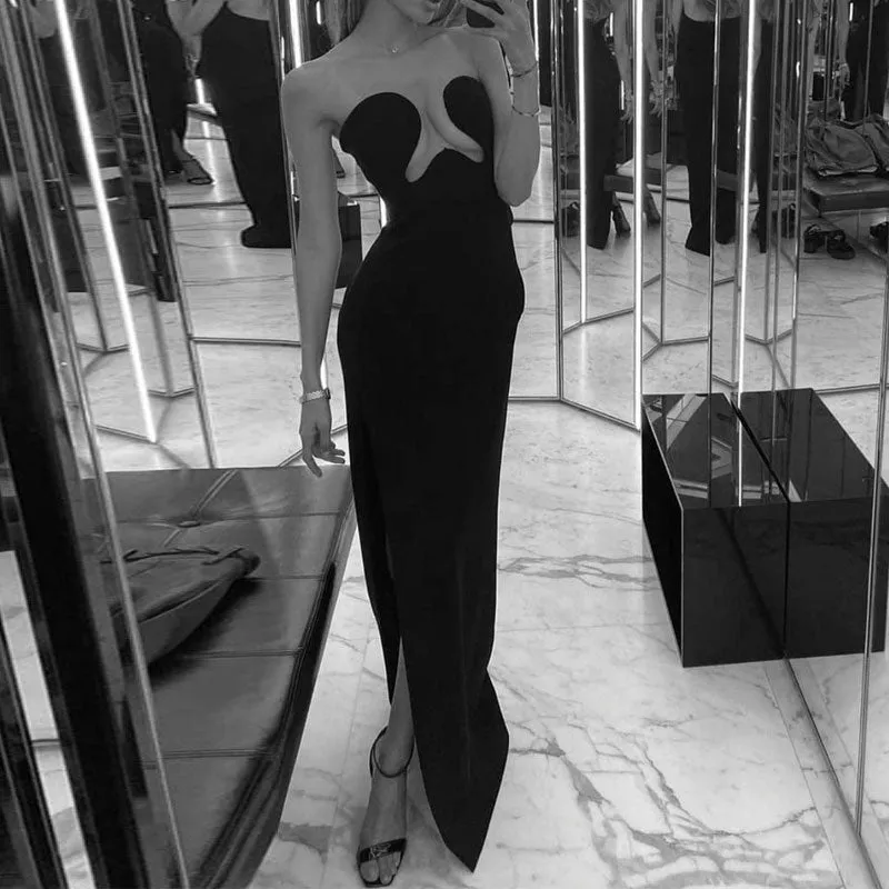 Solid Off Shoulder Cut Out High Slit Evening Dress