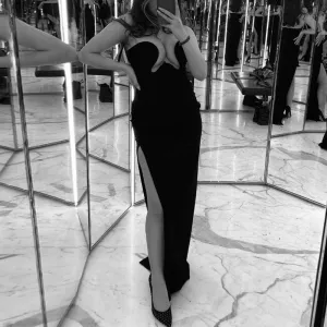 Solid Off Shoulder Cut Out High Slit Evening Dress