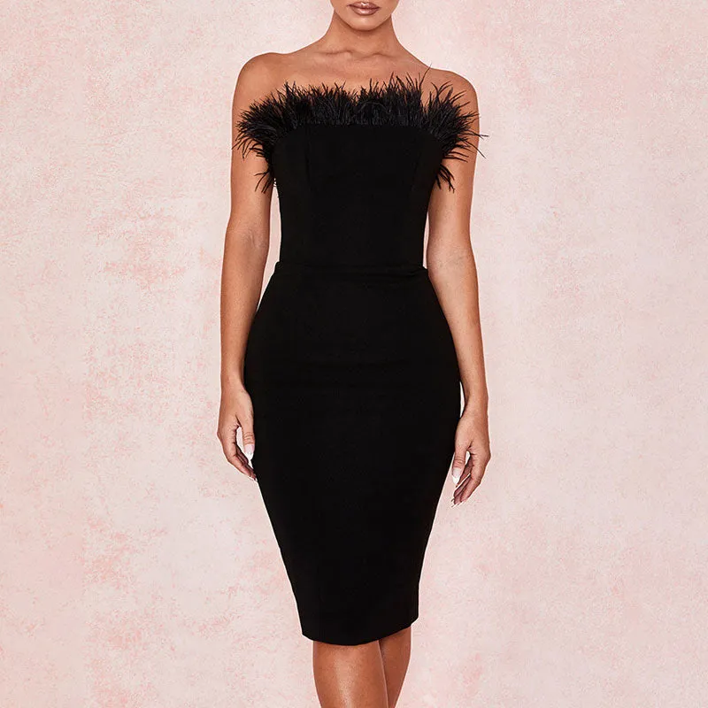 Solid Off Shoulder Feather Design Midi Dress