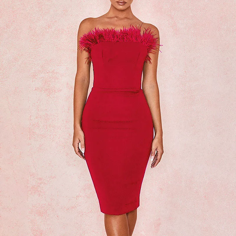 Solid Off Shoulder Feather Design Midi Dress