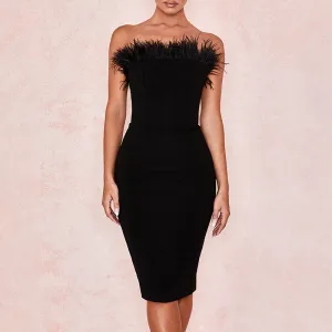 Solid Off Shoulder Feather Design Midi Dress