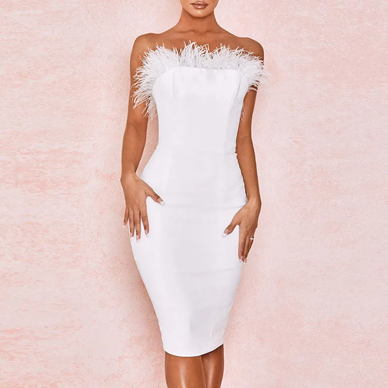 Solid Off Shoulder Feather Design Midi Dress