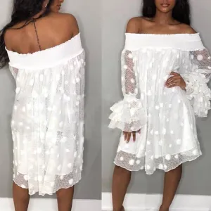 Solid Off Shoulder Long Sleeve Sheer Mesh Dress