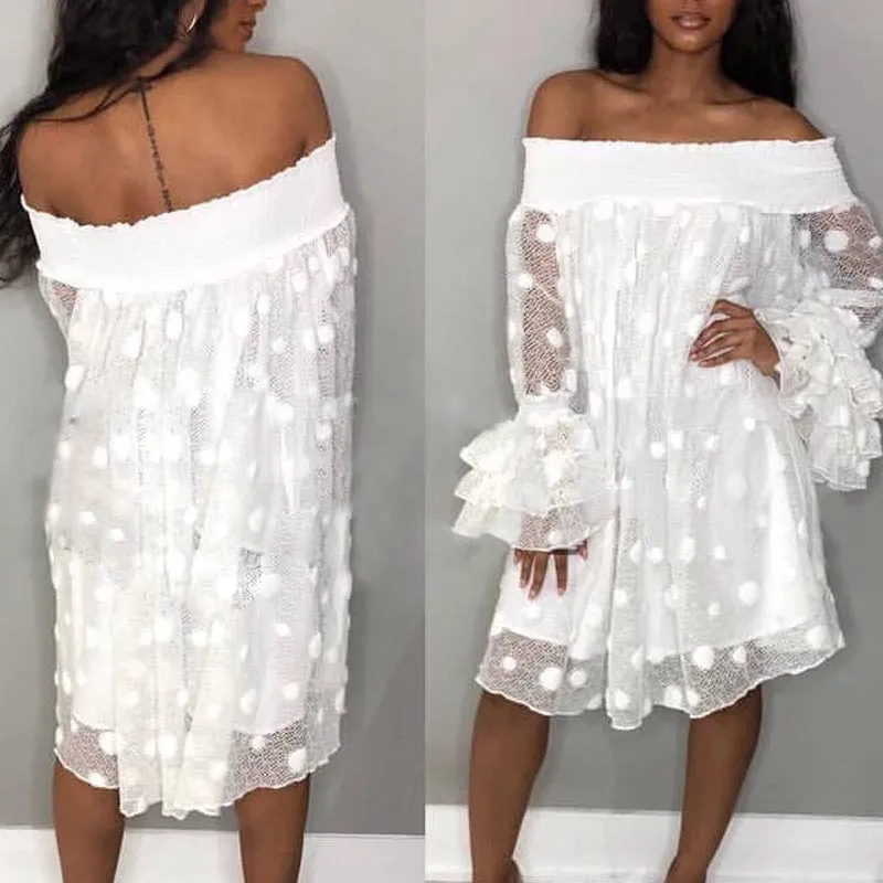 Solid Off Shoulder Long Sleeve Sheer Mesh Dress