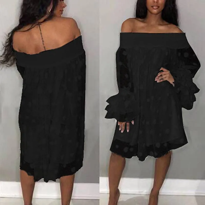 Solid Off Shoulder Long Sleeve Sheer Mesh Dress