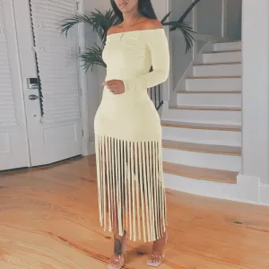 Solid Off Shoulder Long Sleeve Tassel Design Dress