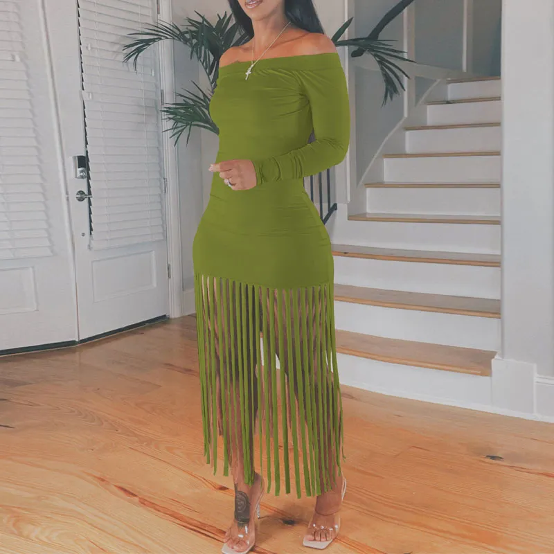 Solid Off Shoulder Long Sleeve Tassel Design Dress