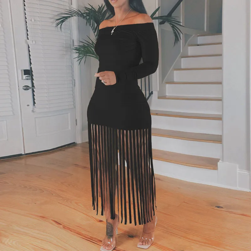 Solid Off Shoulder Long Sleeve Tassel Design Dress