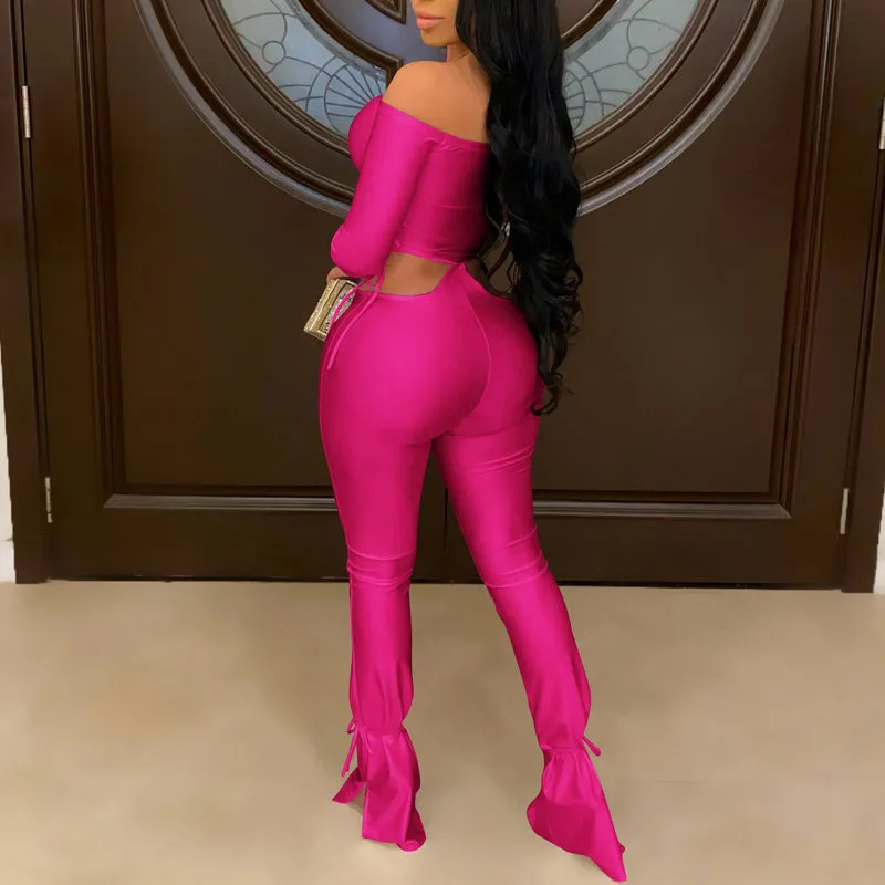 Solid Off Shoulder Long Sleeve Top & Stacket Pants Set