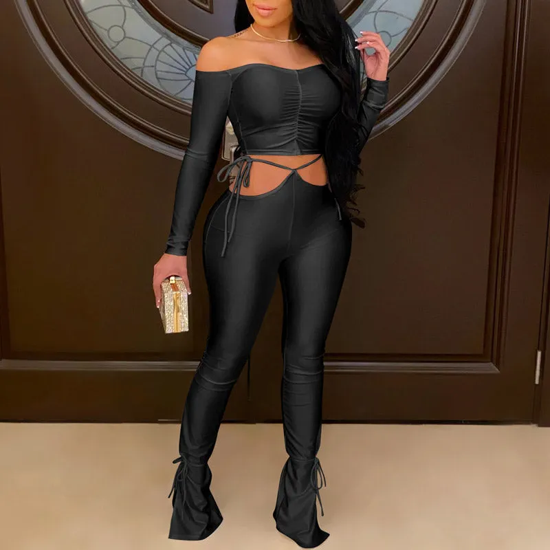 Solid Off Shoulder Long Sleeve Top & Stacket Pants Set