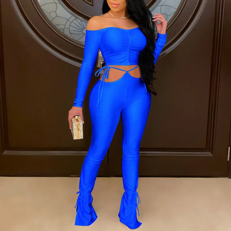 Solid Off Shoulder Long Sleeve Top & Stacket Pants Set