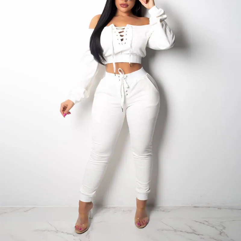 Solid Off Shoulder Long Sleeve Two Piece Set