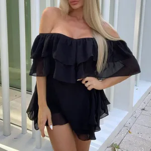 Solid Off Shoulder Ruffles Chiffon Mini Dress