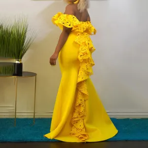 Solid Off Shoulder Ruffles Lace Patchwork Floor-Length Evening Dress