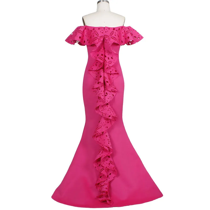 Solid Off Shoulder Ruffles Lace Patchwork Floor-Length Evening Dress