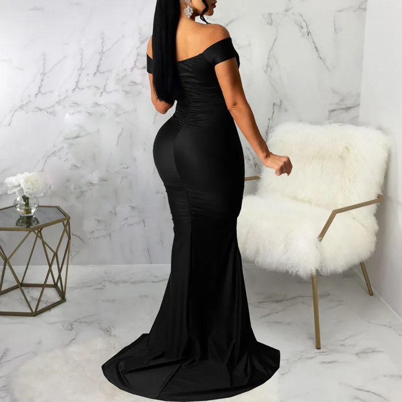 Solid Off Shoulder Sleeveless Slit Floor-Length Dress