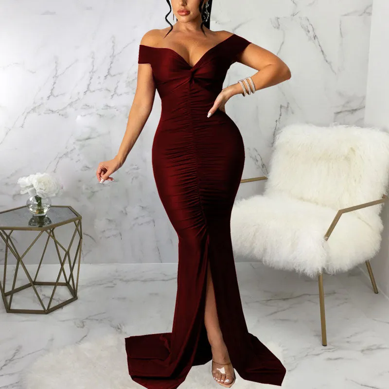 Solid Off Shoulder Sleeveless Slit Floor-Length Dress
