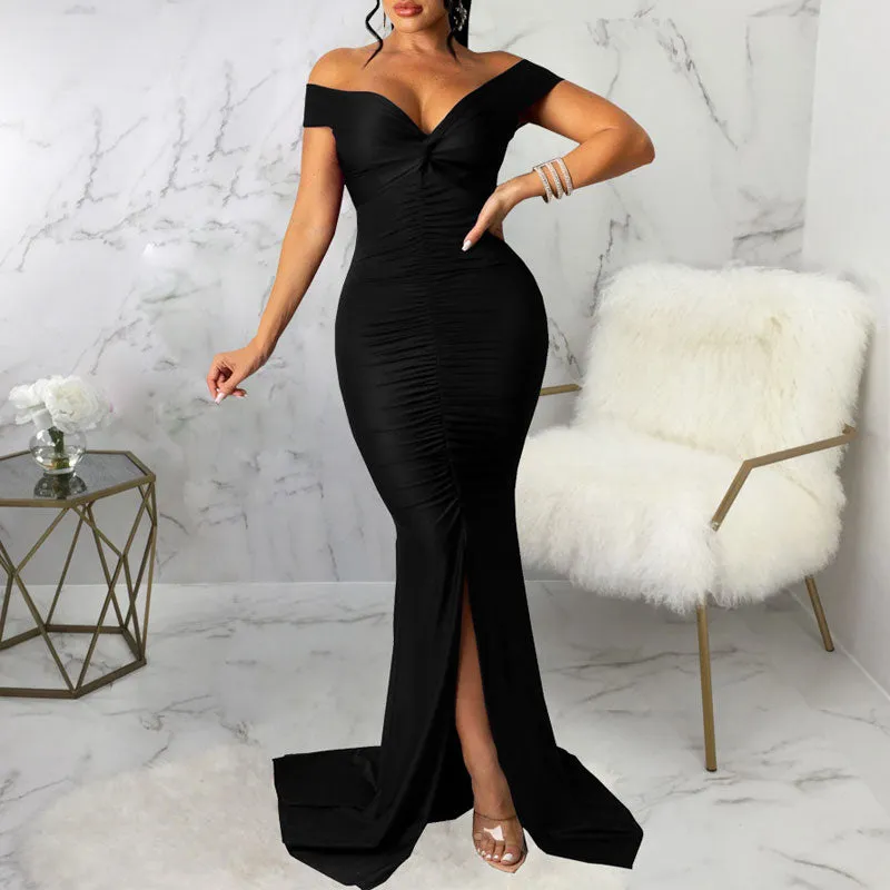 Solid Off Shoulder Sleeveless Slit Floor-Length Dress