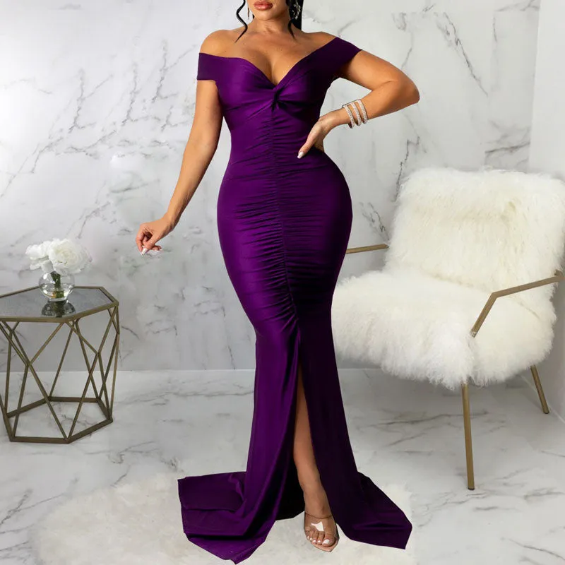 Solid Off Shoulder Sleeveless Slit Floor-Length Dress