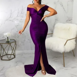 Solid Off Shoulder Sleeveless Slit Floor-Length Dress