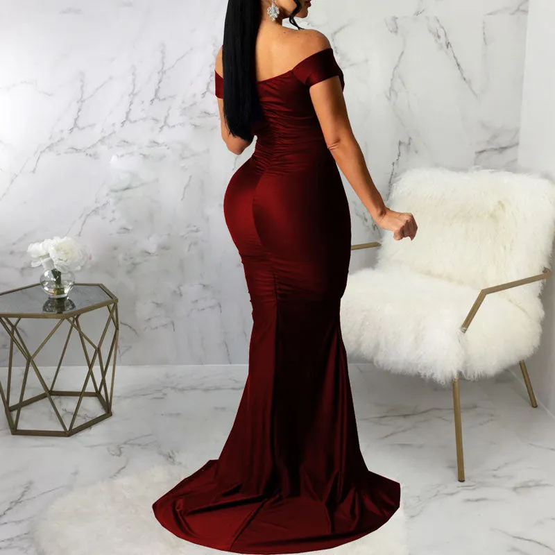 Solid Off Shoulder Sleeveless Slit Floor-Length Dress