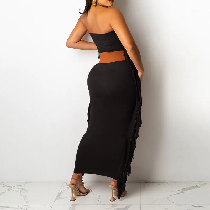 Solid Off Shoulder Tassel Design Maxi Dress（Without Belt）