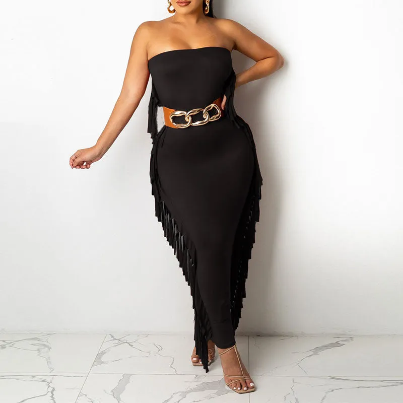 Solid Off Shoulder Tassel Design Maxi Dress（Without Belt）