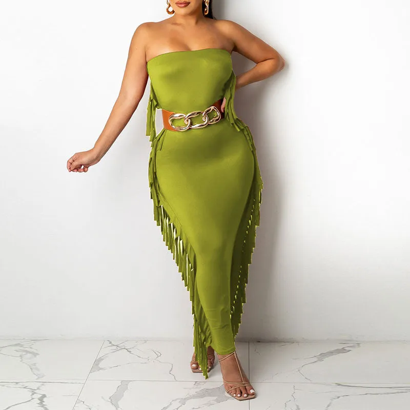 Solid Off Shoulder Tassel Design Maxi Dress（Without Belt）