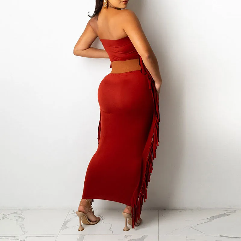 Solid Off Shoulder Tassel Design Maxi Dress（Without Belt）