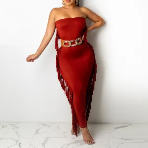 Solid Off Shoulder Tassel Design Maxi Dress（Without Belt）