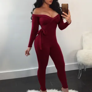 Solid Off Shoulder Tied Long Sleeve Jumpsuit