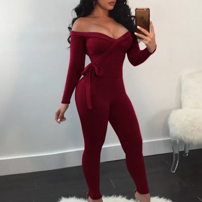 Solid Off Shoulder Tied Long Sleeve Jumpsuit