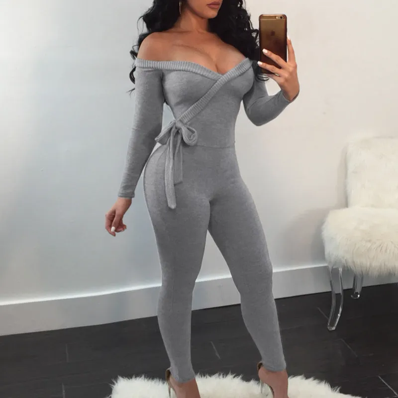 Solid Off Shoulder Tied Long Sleeve Jumpsuit