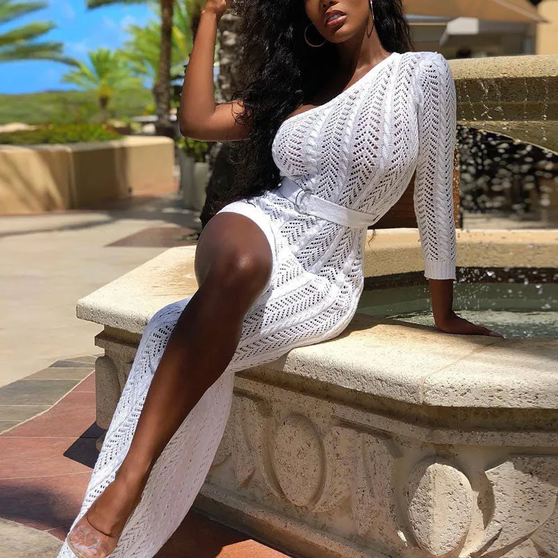 Solid One Shoulder Knitted Hollow Out Dress
