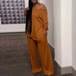 Solid One Shoulder Long Sleeve Top & Pants Set