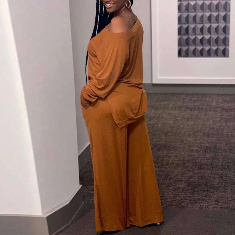 Solid One Shoulder Long Sleeve Top & Pants Set