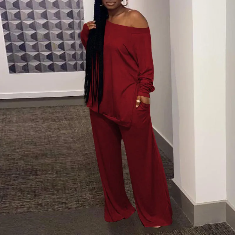 Solid One Shoulder Long Sleeve Top & Pants Set
