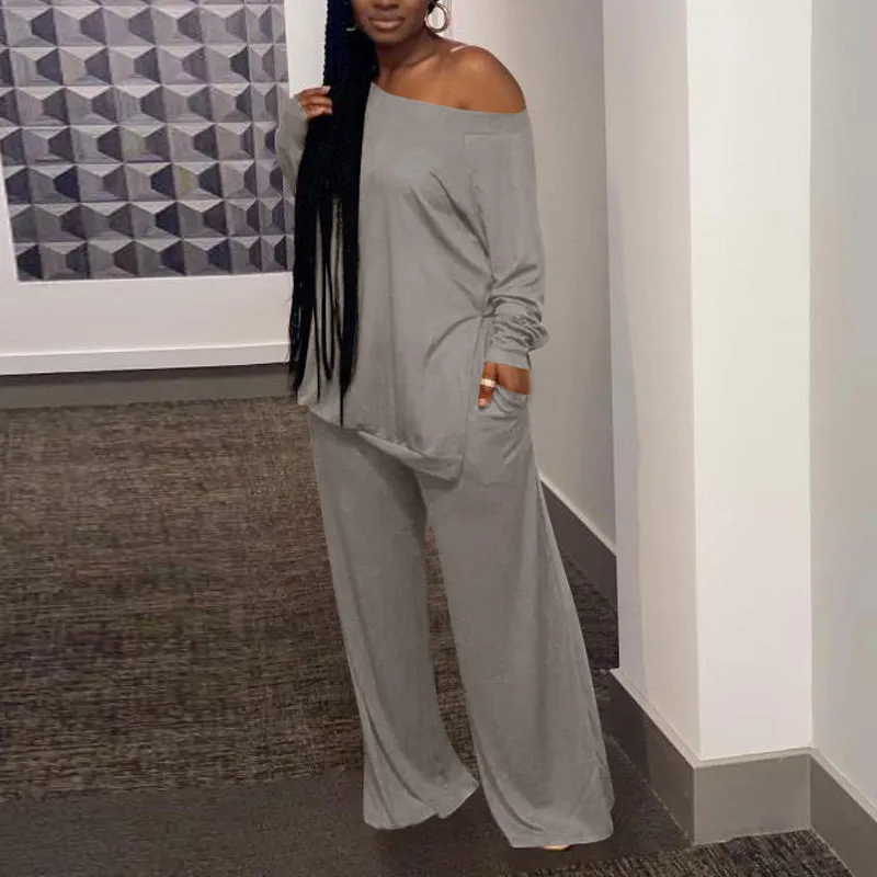 Solid One Shoulder Long Sleeve Top & Pants Set