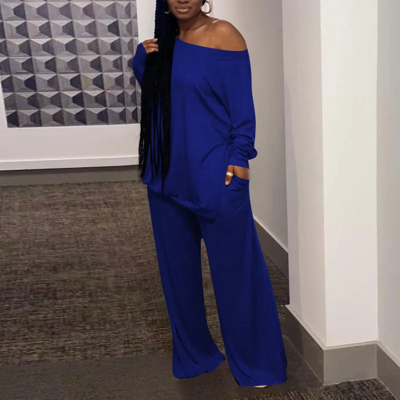Solid One Shoulder Long Sleeve Top & Pants Set