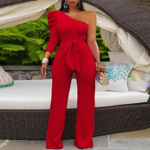 Solid One Shoulder Puff Sleeve Jumpsuit With Belt