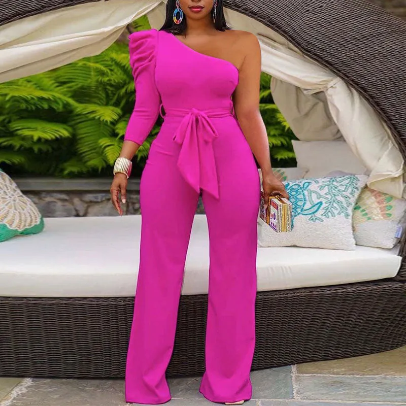 Solid One Shoulder Puff Sleeve Jumpsuit With Belt