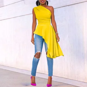 Solid One Shoulder Sleeveless Ruffle Design Irregular Dress