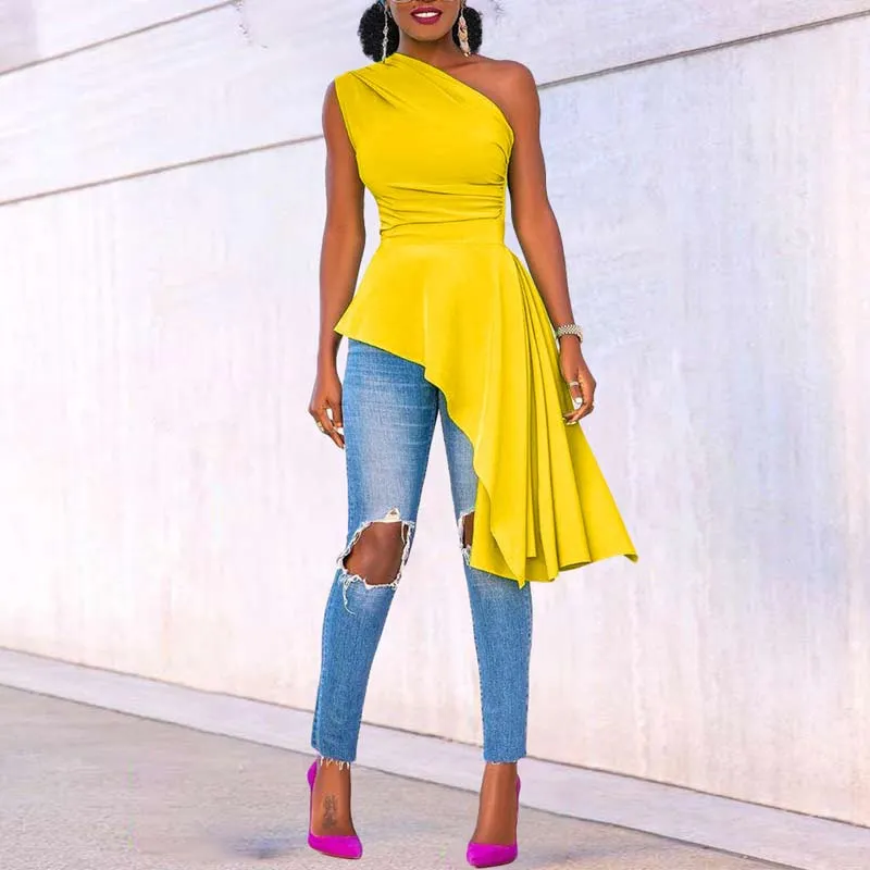 Solid One Shoulder Sleeveless Ruffle Design Irregular Dress