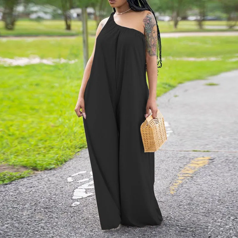 Solid One Shoulder Sleeveless Wide Leg Jumpsuit